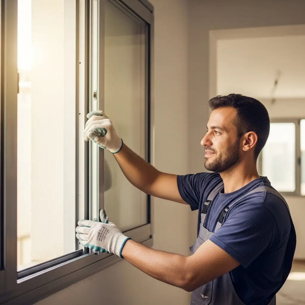 Artisan menuisier spécialisé en aluminium souriant lors de la pose d'un cadre de fenêtre aluminium moderne dans une résidence à Tanger, lumière naturelle, travail soigné et professionnel