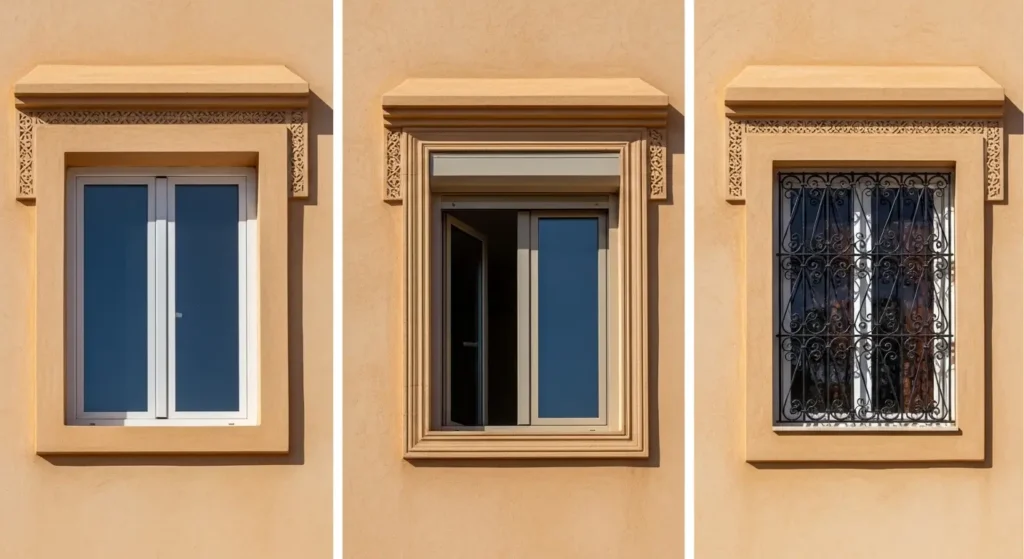 Comparaison fenêtre aluminium PVC et fer forgé sur façade marocaine
