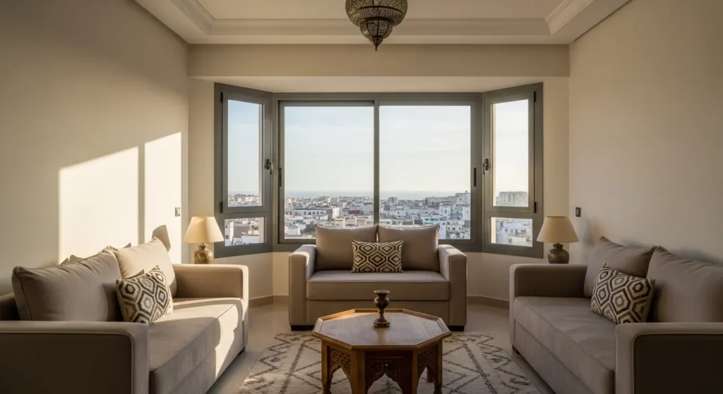 Salon moderne à Tanger avec grande baie vitrée aluminium coulissante